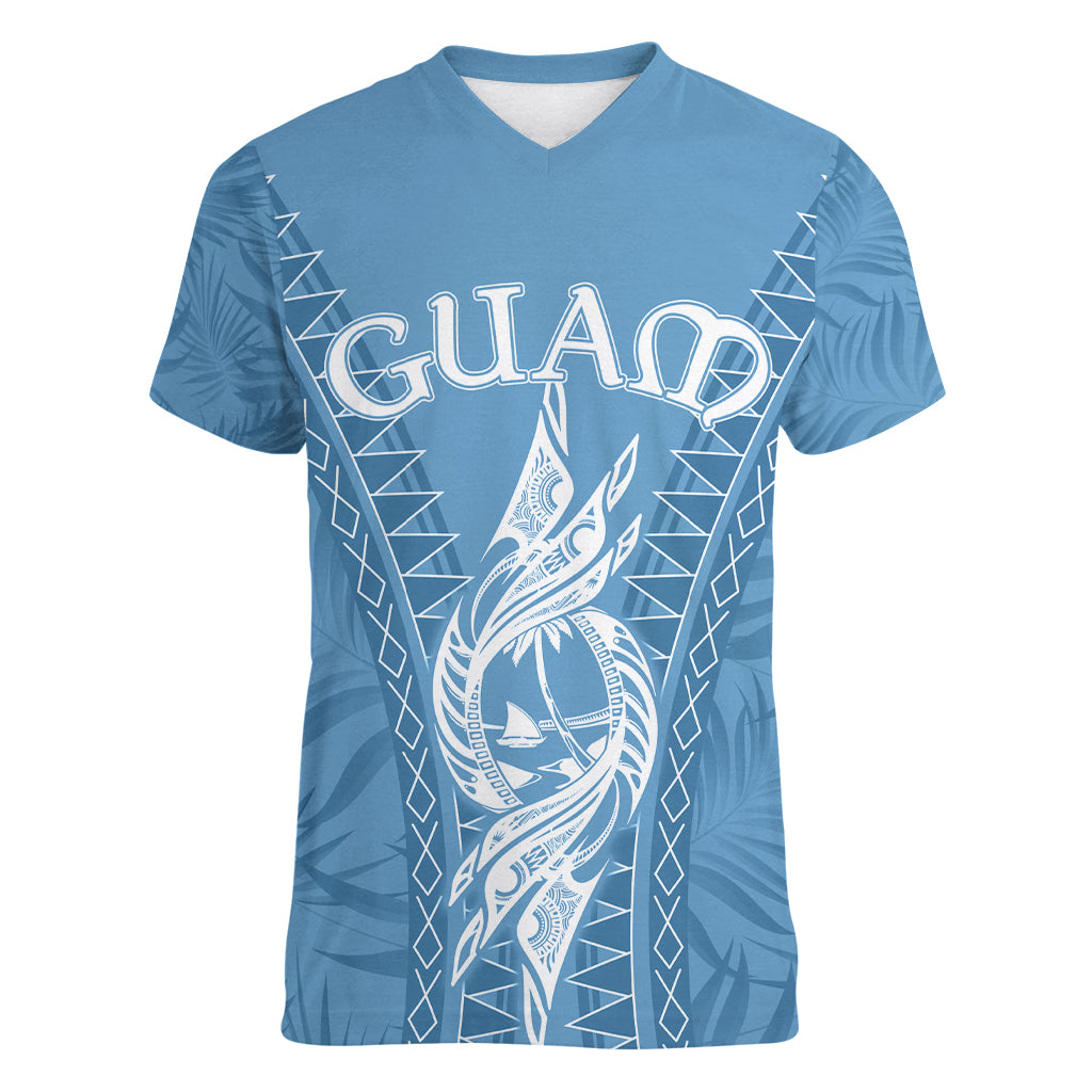 Personalised Guam Women V Neck T Shirt Chamoro Latte Stone Mix Tropical - Blue LT7 Female Blue - Polynesian Pride