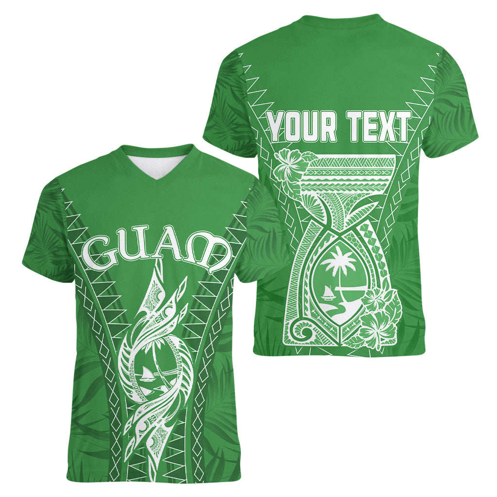 Personalised Guam Women V Neck T Shirt Chamoro Latte Stone Mix Tropical - Green LT7 - Polynesian Pride