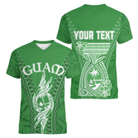 Personalised Guam Women V Neck T Shirt Chamoro Latte Stone Mix Tropical - Green LT7 - Polynesian Pride