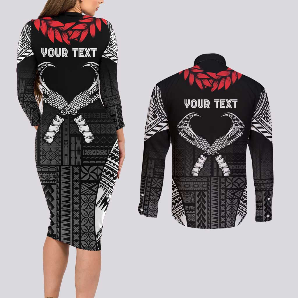 Personalized Talofa Samoa Couples Matching Long Sleeve Bodycon Dress and Long Sleeve Button Shirt Ulafala With Toa Nifo'oti - Black