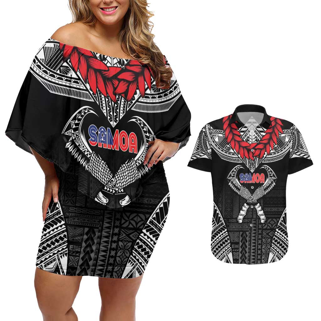 Personalized Talofa Samoa Couples Matching Off Shoulder Short Dress and Hawaiian Shirt Ulafala With Toa Nifo'oti - Black