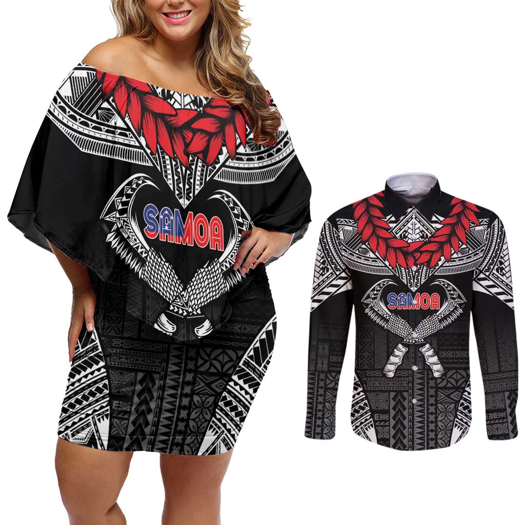 Personalized Talofa Samoa Couples Matching Off Shoulder Short Dress and Long Sleeve Button Shirt Ulafala With Toa Nifo'oti - Black