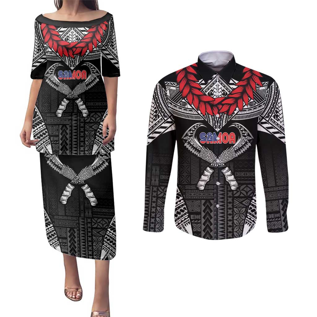 Personalized Talofa Samoa Couples Matching Puletasi and Long Sleeve Button Shirt Ulafala With Toa Nifo'oti - Black