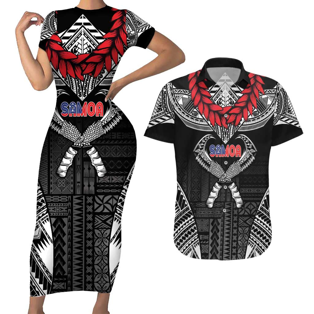 Personalized Talofa Samoa Couples Matching Short Sleeve Bodycon Dress and Hawaiian Shirt Ulafala With Toa Nifo'oti - Black