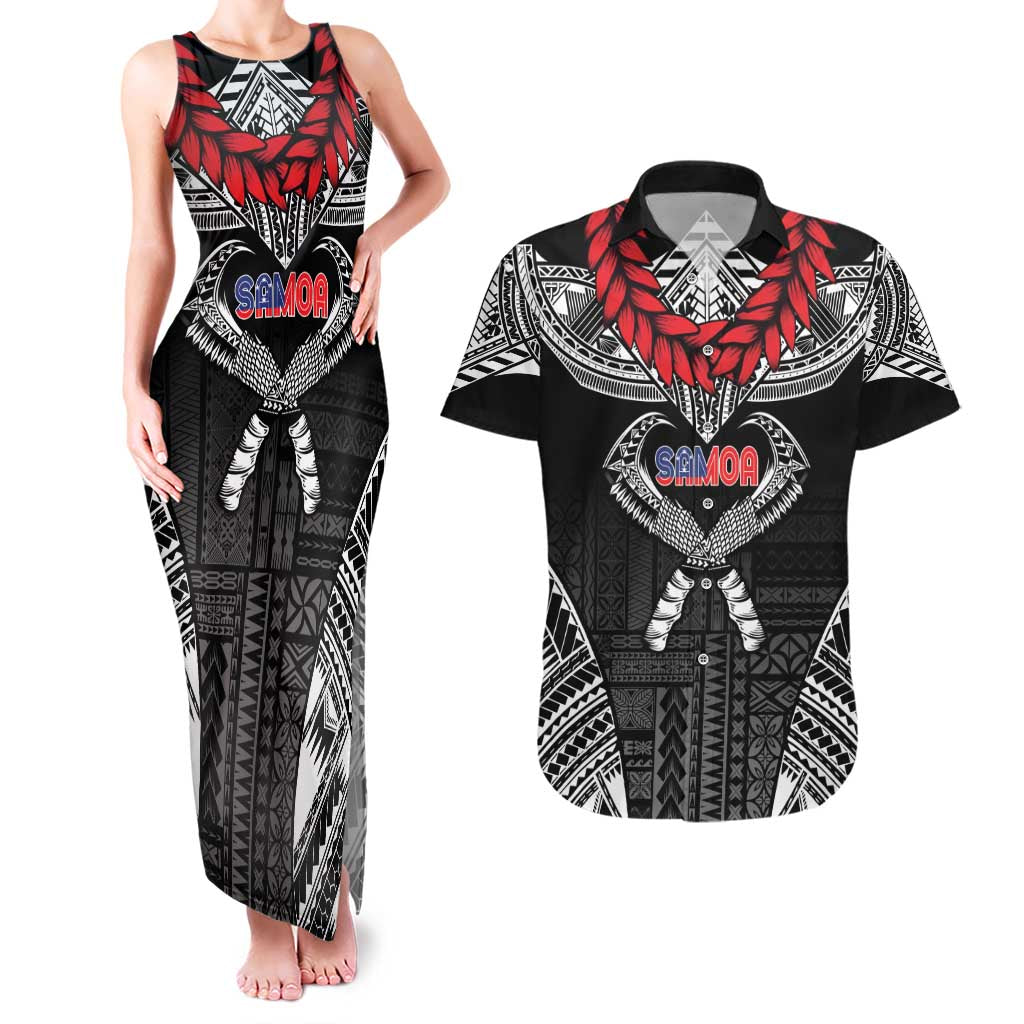 Personalized Talofa Samoa Couples Matching Tank Maxi Dress and Hawaiian Shirt Ulafala With Toa Nifo'oti - Black