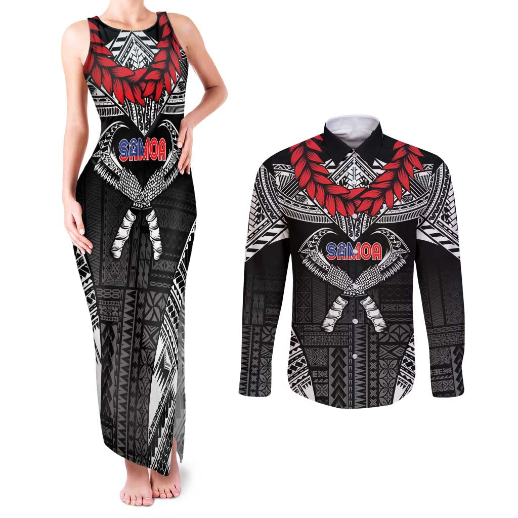 Personalized Talofa Samoa Couples Matching Tank Maxi Dress and Long Sleeve Button Shirt Ulafala With Toa Nifo'oti - Black