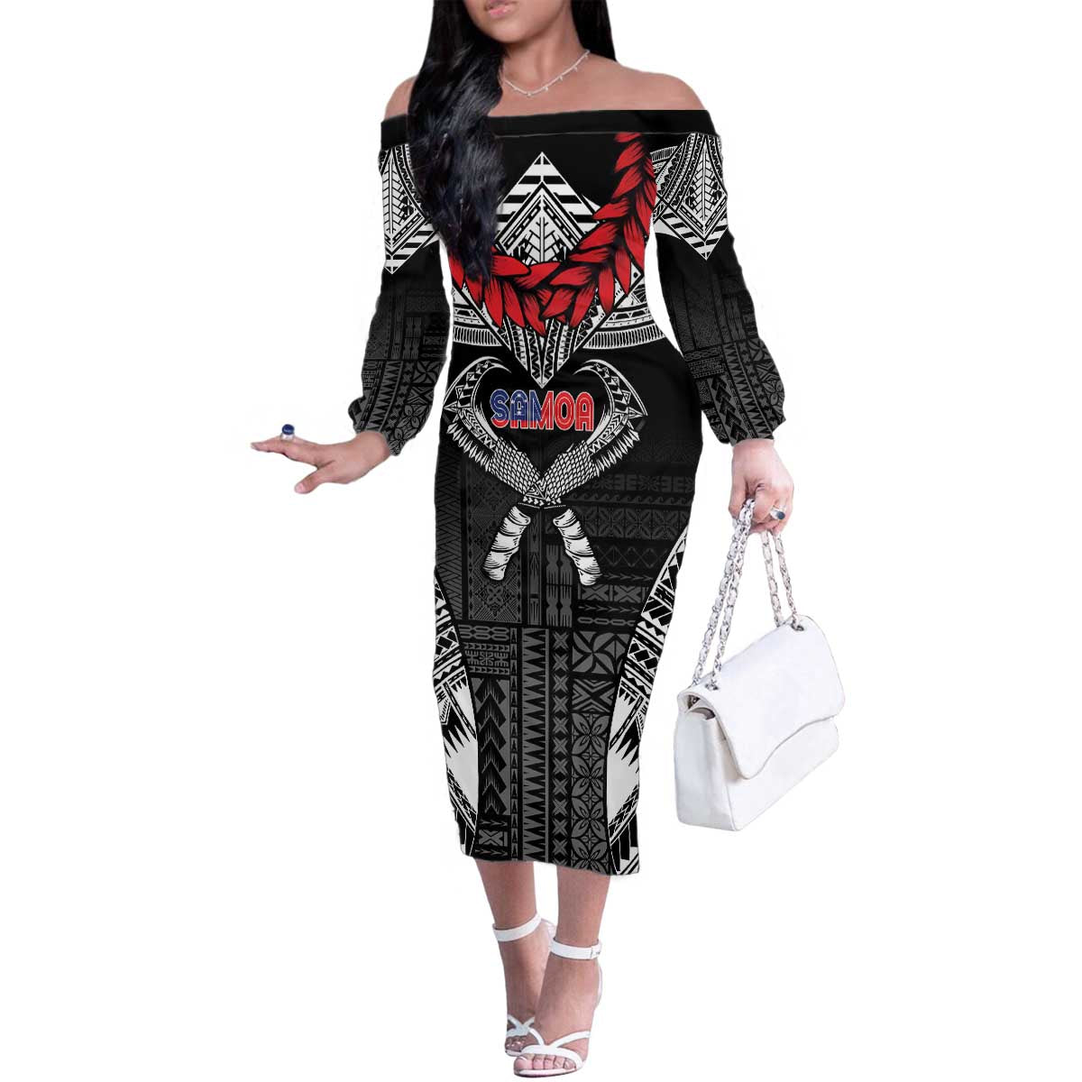 Personalized Talofa Samoa Family Matching Off The Shoulder Long Sleeve Dress and Hawaiian Shirt Ulafala With Toa Nifo'oti - Black