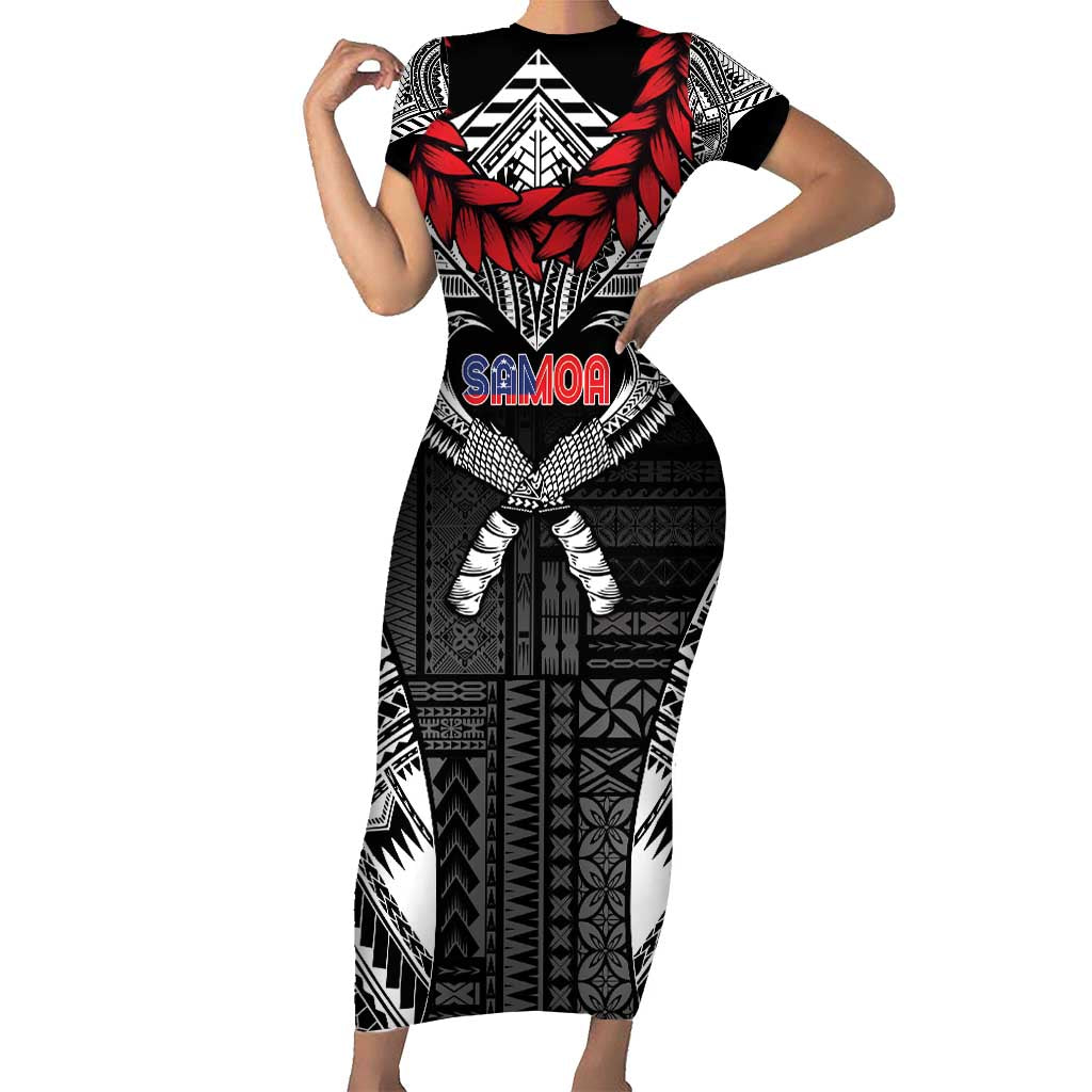 Personalized Talofa Samoa Family Matching Short Sleeve Bodycon Dress and Hawaiian Shirt Ulafala With Toa Nifo'oti - Black