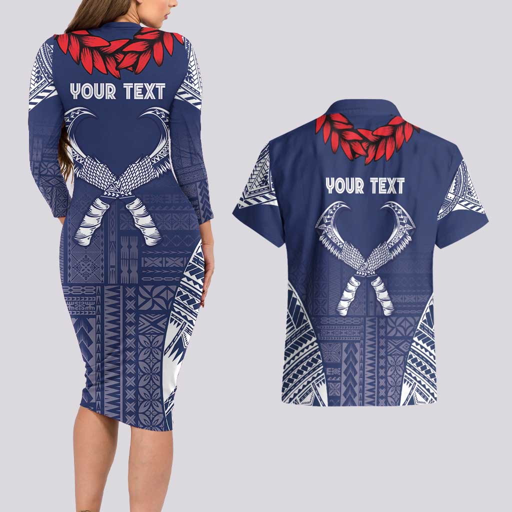 Personalized Talofa Samoa Couples Matching Long Sleeve Bodycon Dress and Hawaiian Shirt Ulafala With Toa Nifo'oti - Blue