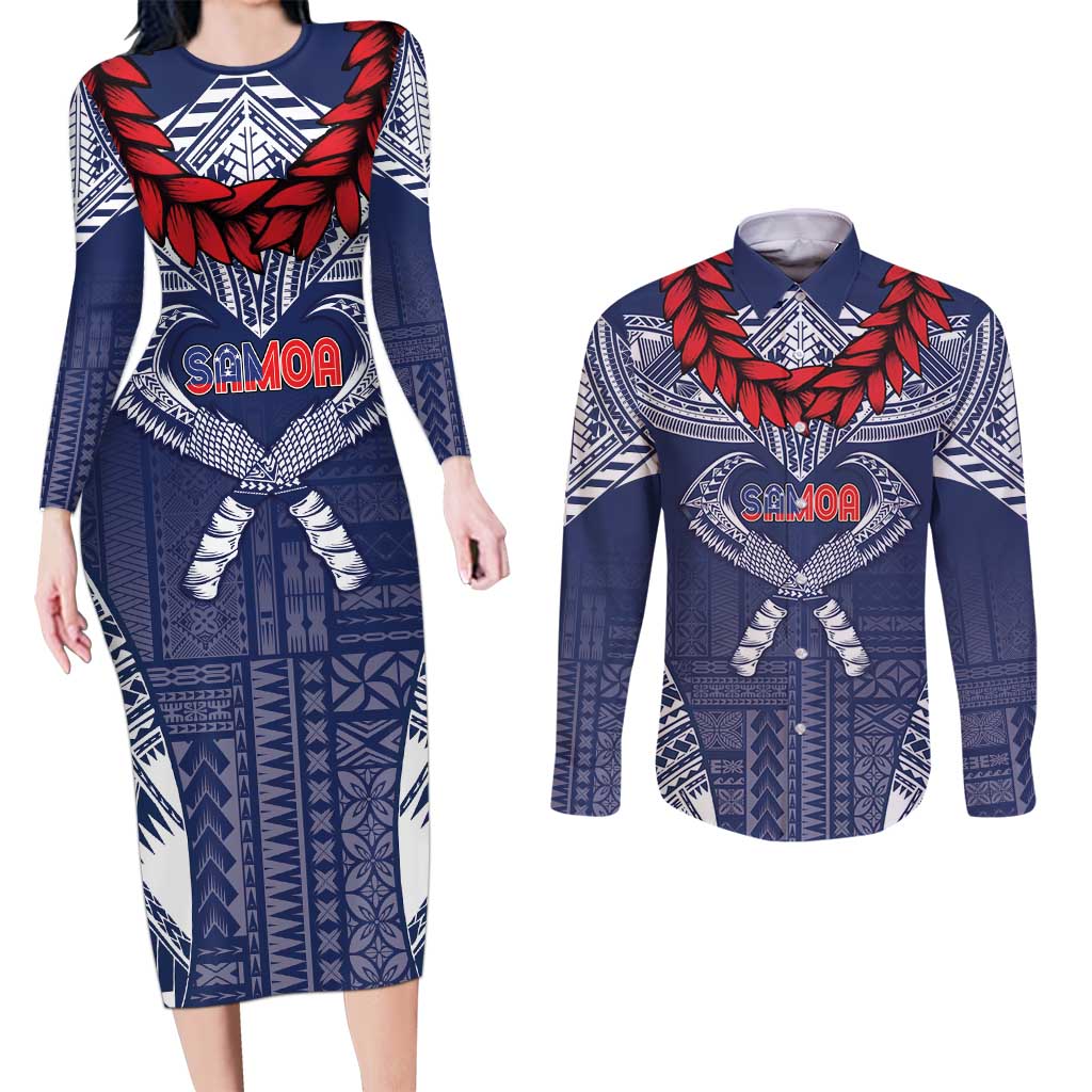 Personalized Talofa Samoa Couples Matching Long Sleeve Bodycon Dress and Long Sleeve Button Shirt Ulafala With Toa Nifo'oti - Blue