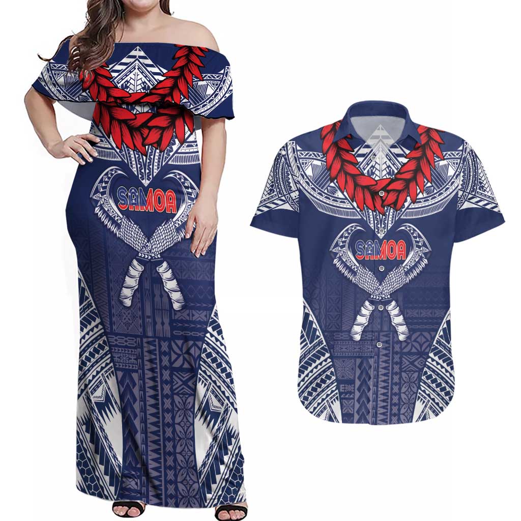 Personalized Talofa Samoa Couples Matching Off Shoulder Maxi Dress and Hawaiian Shirt Ulafala With Toa Nifo'oti - Blue LT7 Blue - Polynesian Pride