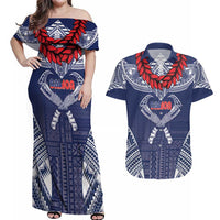 Personalized Talofa Samoa Couples Matching Off Shoulder Maxi Dress and Hawaiian Shirt Ulafala With Toa Nifo'oti - Blue LT7 Blue - Polynesian Pride