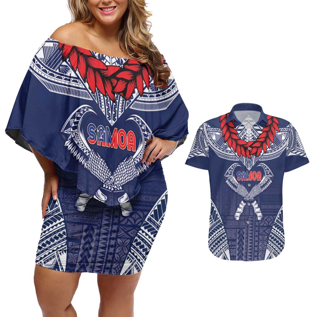 Personalized Talofa Samoa Couples Matching Off Shoulder Short Dress and Hawaiian Shirt Ulafala With Toa Nifo'oti - Blue