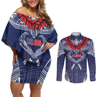 Personalized Talofa Samoa Couples Matching Off Shoulder Short Dress and Long Sleeve Button Shirt Ulafala With Toa Nifo'oti - Blue