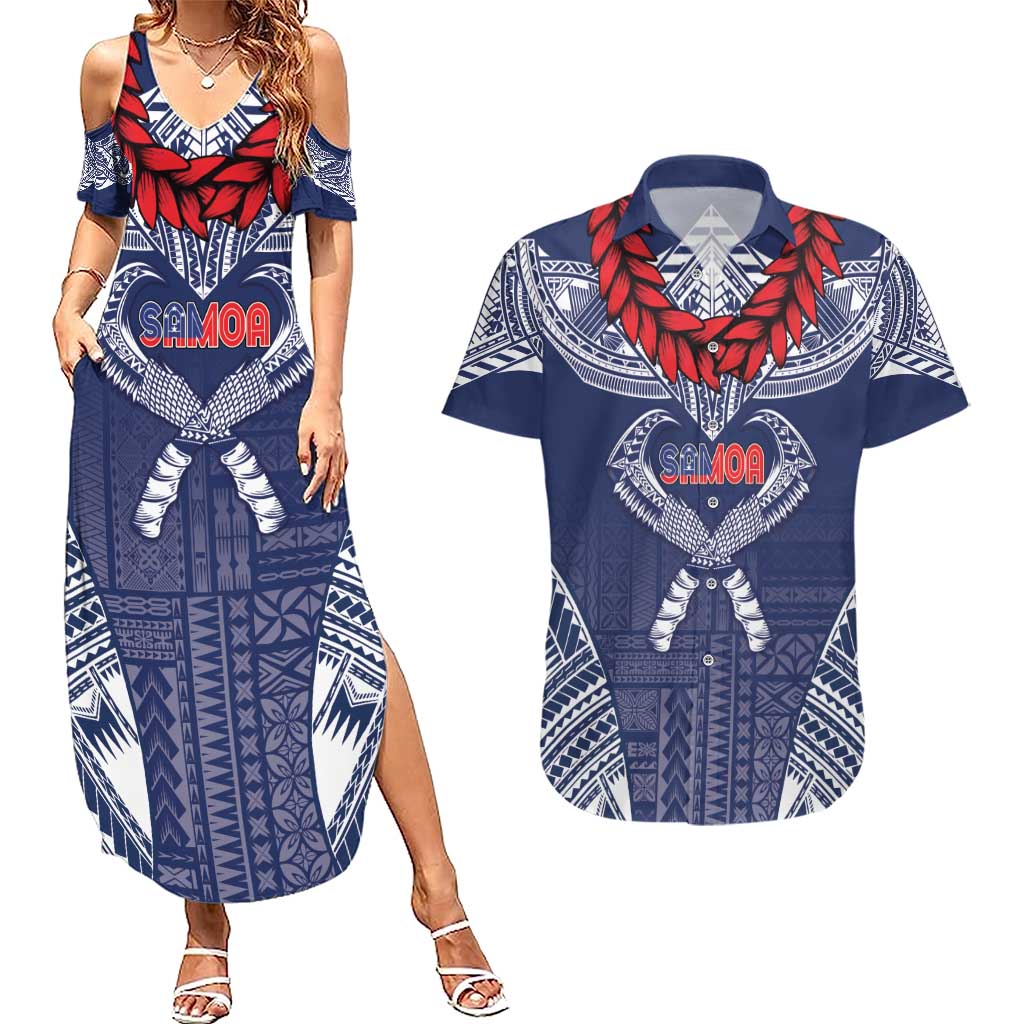 Personalized Talofa Samoa Couples Matching Summer Maxi Dress and Hawaiian Shirt Ulafala With Toa Nifo'oti - Blue