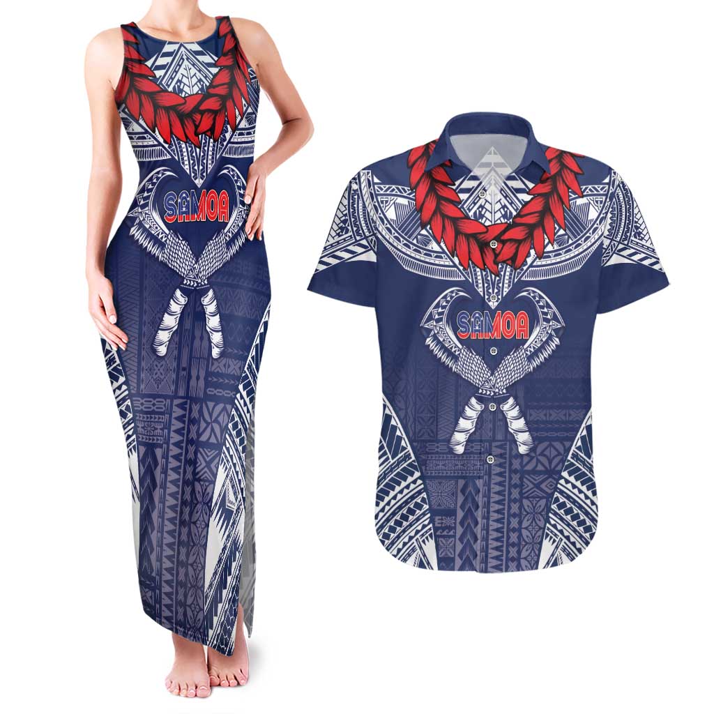 Personalized Talofa Samoa Couples Matching Tank Maxi Dress and Hawaiian Shirt Ulafala With Toa Nifo'oti - Blue