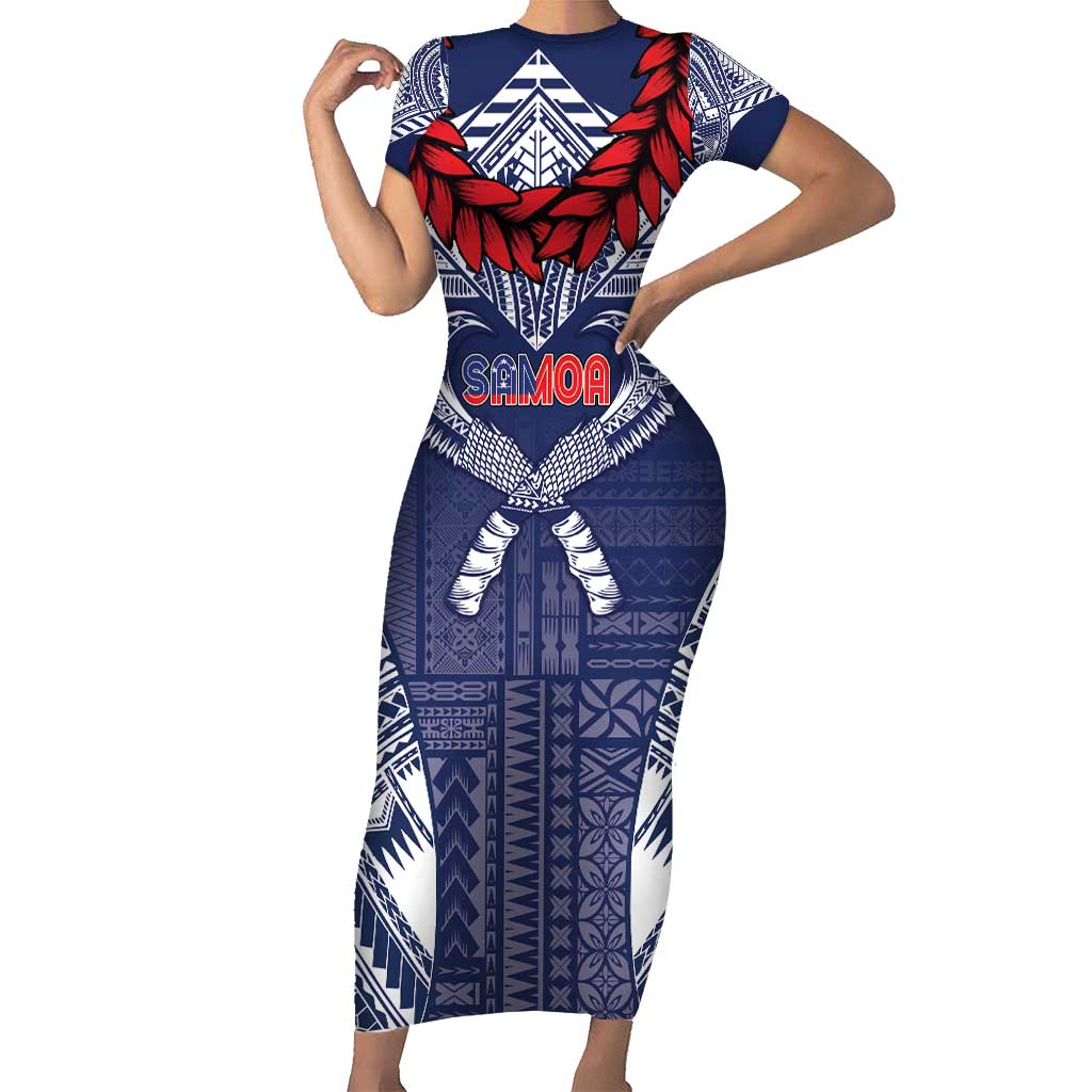 Personalized Talofa Samoa Family Matching Short Sleeve Bodycon Dress and Hawaiian Shirt Ulafala With Toa Nifo'oti - Blue