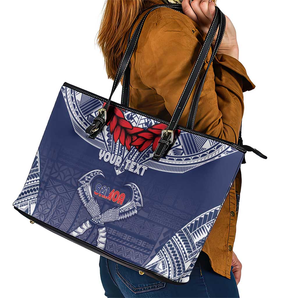Personalized Talofa Samoa Leather Tote Bag Ulafala With Toa Nifo'oti - Blue