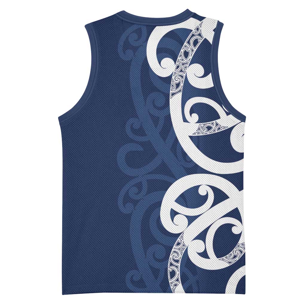 New Zealand Maori Mo Bros Basketball Jersey Blue Ribbon With Koru Kowhaiwhai - Polynesian Pride