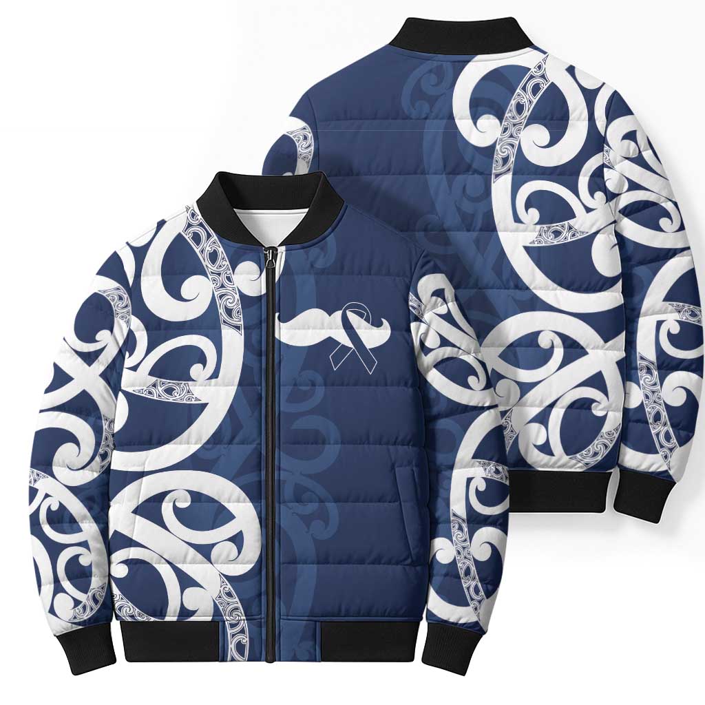 New Zealand Maori Mo Bros Bomber Puffer Jacket Blue Ribbon With Koru Kowhaiwhai - Polynesian Pride