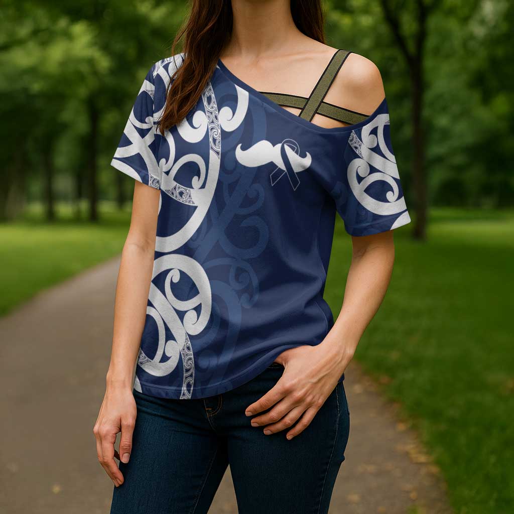 New Zealand Maori Mo Bros Cross Shoulder Shirt Blue Ribbon With Koru Kowhaiwhai - Polynesian Pride