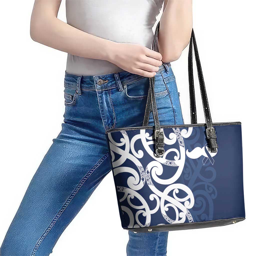 New Zealand Maori Mo Bros Leather Tote Bag Blue Ribbon With Koru Kowhaiwhai - Polynesian Pride