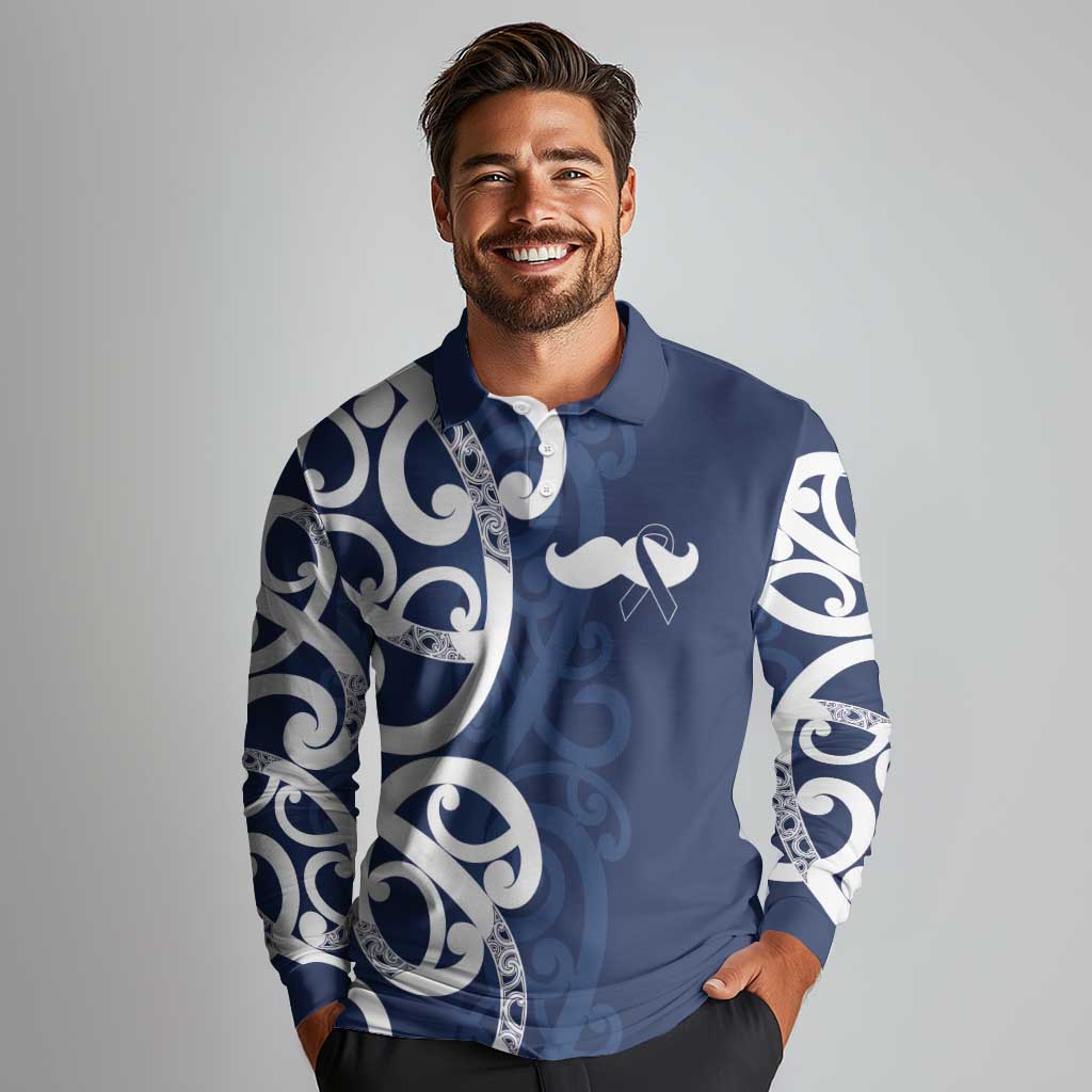 New Zealand Maori Mo Bros Long Sleeve Polo Shirt Blue Ribbon With Koru Kowhaiwhai LT7 - Polynesian Pride