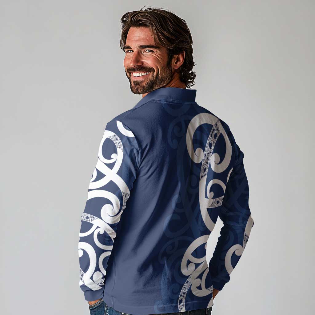 New Zealand Maori Mo Bros Long Sleeve Polo Shirt Blue Ribbon With Koru Kowhaiwhai LT7 - Polynesian Pride
