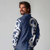 New Zealand Maori Mo Bros Long Sleeve Polo Shirt Blue Ribbon With Koru Kowhaiwhai LT7 - Polynesian Pride