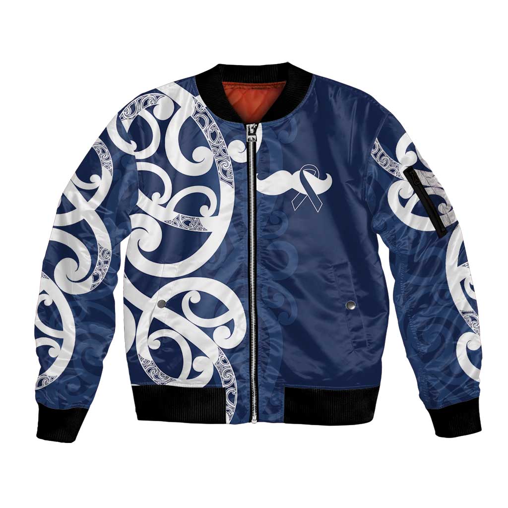 New Zealand Maori Mo Bros Sleeve Zip Bomber Jacket Blue Ribbon With Koru Kowhaiwhai - Polynesian Pride