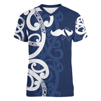 New Zealand Maori Mo Bros Women V-Neck T-Shirt Blue Ribbon With Koru Kowhaiwhai LT7 Female Blue - Polynesian Pride