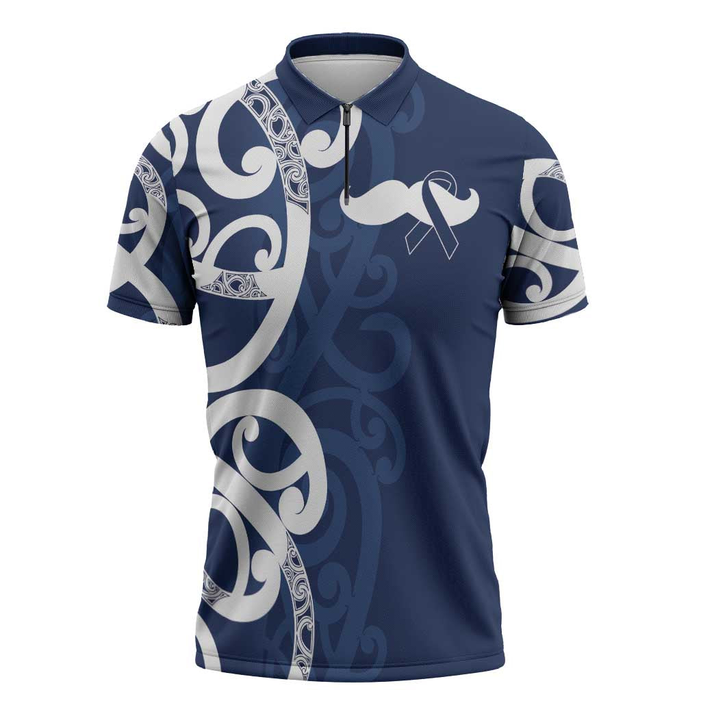 New Zealand Maori Mo Bros Zipper Polo Shirt Blue Ribbon With Koru Kowhaiwhai - Polynesian Pride