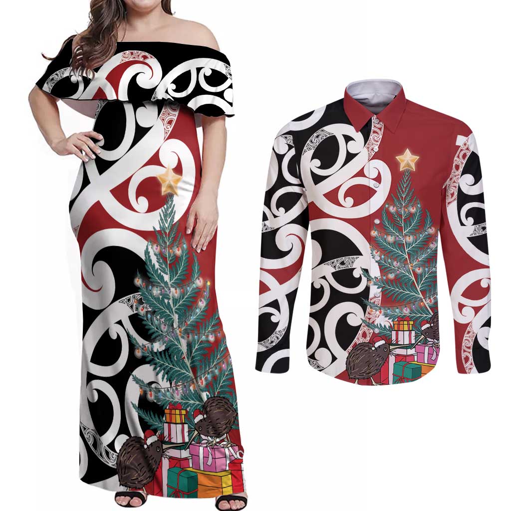 New Zealand Silver Fern Christmas Tree Couples Matching Off Shoulder Maxi Dress and Long Sleeve Button Shirt Meri Kirihimete - Polynesian Pride