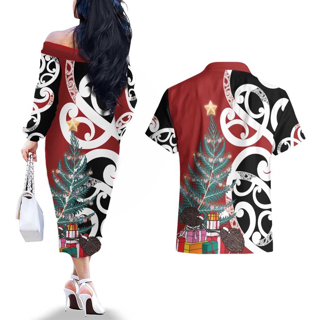 New Zealand Silver Fern Christmas Tree Couples Matching Off The Shoulder Long Sleeve Dress and Hawaiian Shirt Meri Kirihimete LT7 - Polynesian Pride