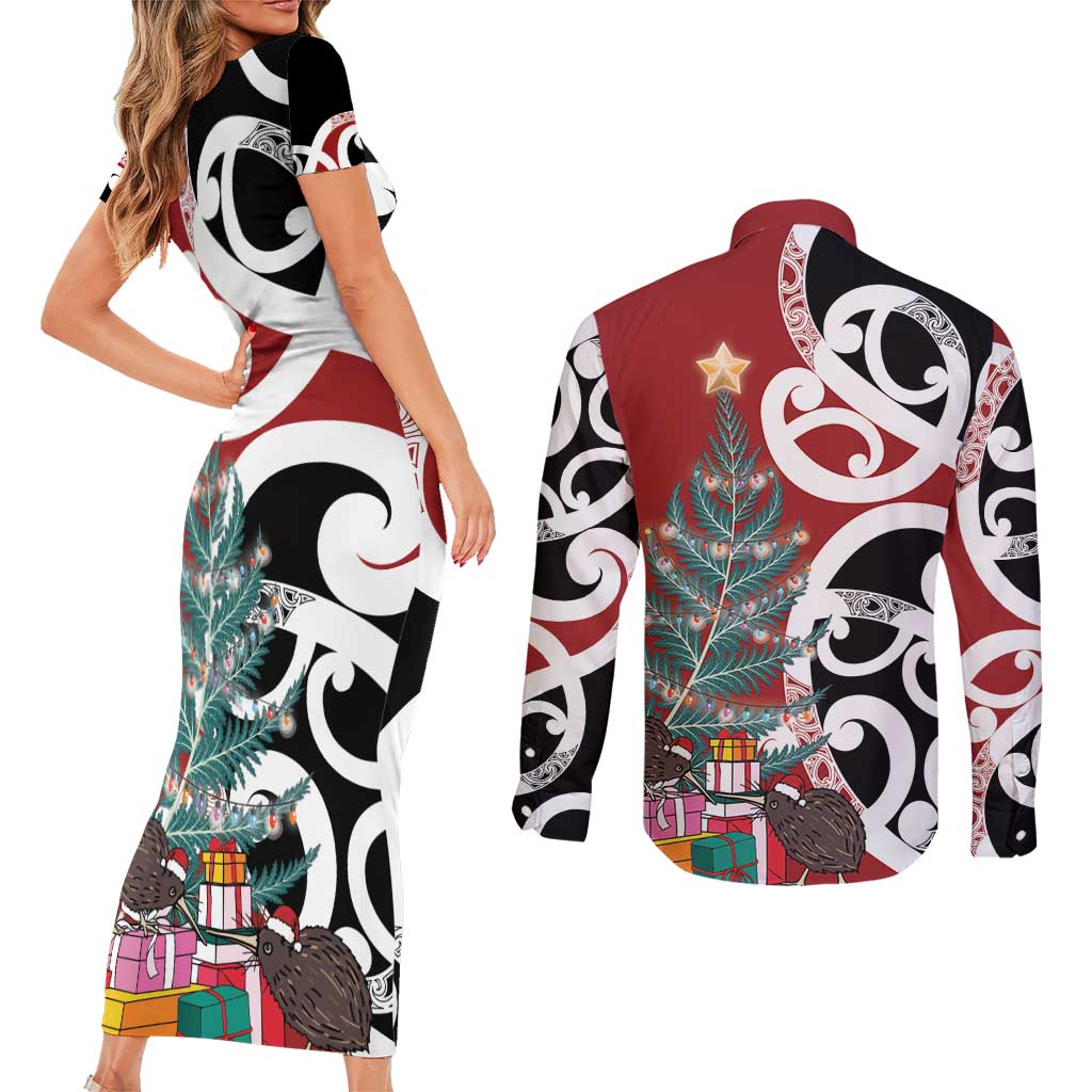 New Zealand Silver Fern Christmas Tree Couples Matching Short Sleeve Bodycon Dress and Long Sleeve Button Shirt Meri Kirihimete - Polynesian Pride