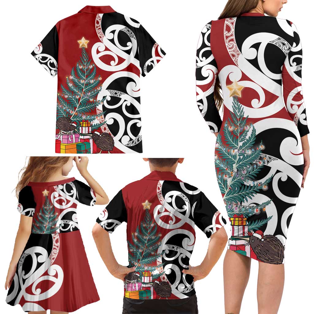 New Zealand Silver Fern Christmas Tree Family Matching Long Sleeve Bodycon Dress and Hawaiian Shirt Meri Kirihimete LT7 - Polynesian Pride