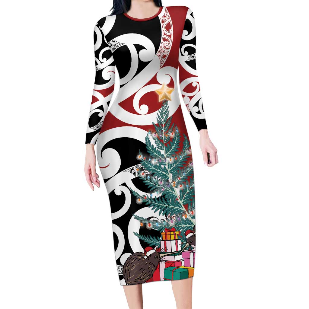 New Zealand Silver Fern Christmas Tree Family Matching Long Sleeve Bodycon Dress and Hawaiian Shirt Meri Kirihimete LT7 Mom's Dress Red - Polynesian Pride