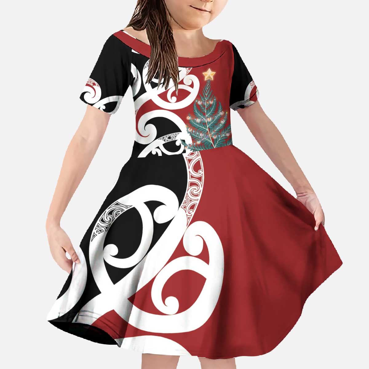 New Zealand Silver Fern Christmas Tree Family Matching Off The Shoulder Long Sleeve Dress and Hawaiian Shirt Meri Kirihimete LT7 Daughter's Dress Red - Polynesian Pride