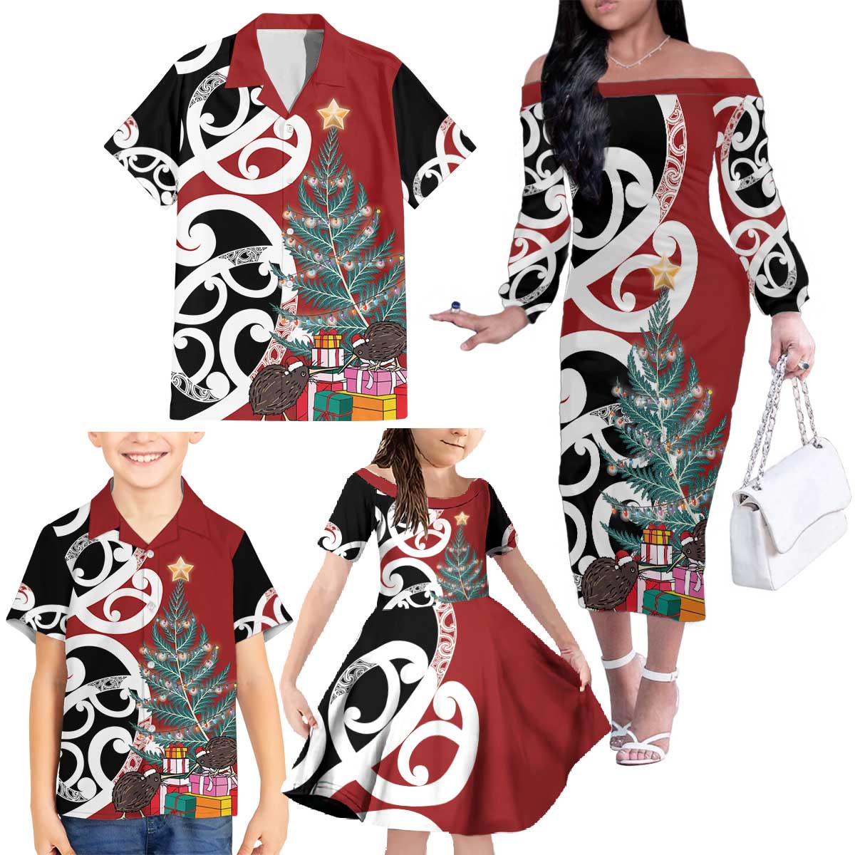 New Zealand Silver Fern Christmas Tree Family Matching Off The Shoulder Long Sleeve Dress and Hawaiian Shirt Meri Kirihimete LT7 - Polynesian Pride