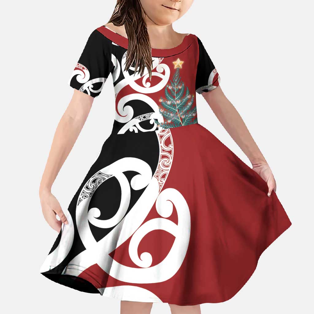 New Zealand Silver Fern Christmas Tree Family Matching Off Shoulder Maxi Dress and Hawaiian Shirt Meri Kirihimete LT7 Daughter's Dress Red - Polynesian Pride