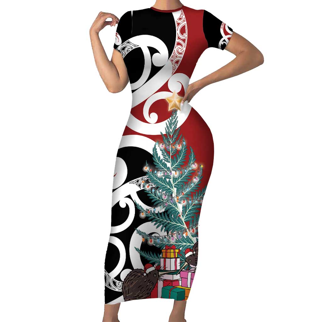 New Zealand Silver Fern Christmas Tree Family Matching Short Sleeve Bodycon Dress and Hawaiian Shirt Meri Kirihimete LT7 Mom's Dress Red - Polynesian Pride