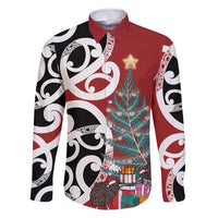 New Zealand Silver Fern Christmas Tree Family Matching Summer Maxi Dress and Hawaiian Shirt Meri Kirihimete LT7 Dad's Shirt - Long Sleeve Red - Polynesian Pride