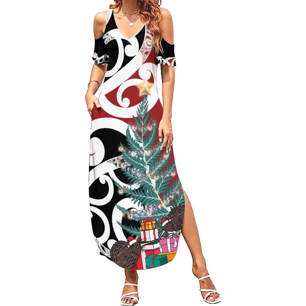 New Zealand Silver Fern Christmas Tree Family Matching Summer Maxi Dress and Hawaiian Shirt Meri Kirihimete LT7 Mom's Dress Red - Polynesian Pride