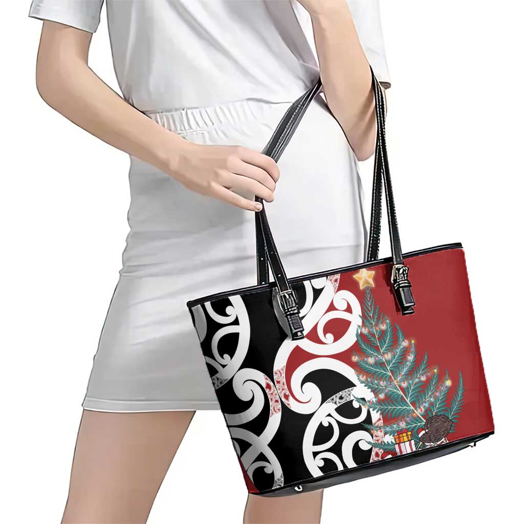 New Zealand Silver Fern Christmas Tree Leather Tote Bag Meri Kirihimete - Polynesian Pride