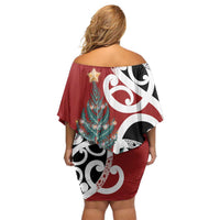 New Zealand Silver Fern Christmas Tree Off Shoulder Short Dress Meri Kirihimete - Polynesian Pride