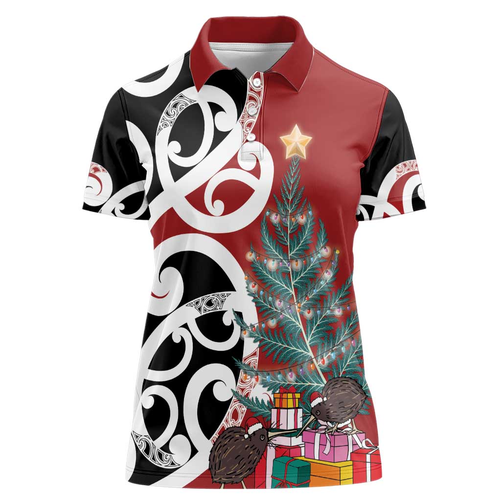 New Zealand Silver Fern Christmas Tree Women Polo Shirt Meri Kirihimete LT7 Female Red - Polynesian Pride