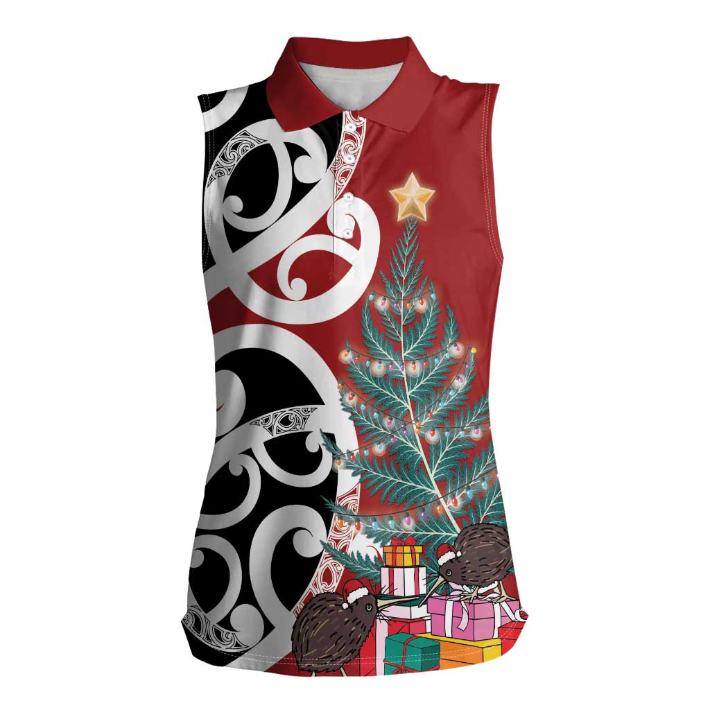 New Zealand Silver Fern Christmas Tree Women Sleeveless Polo Shirt Meri Kirihimete - Polynesian Pride