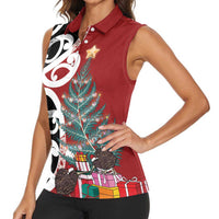 New Zealand Silver Fern Christmas Tree Women Sleeveless Polo Shirt Meri Kirihimete - Polynesian Pride