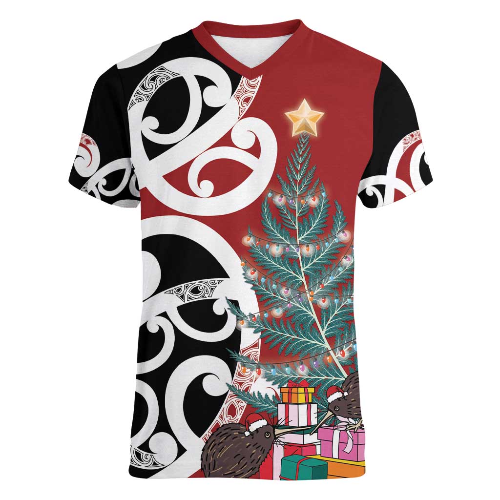 New Zealand Silver Fern Christmas Tree Women V-Neck T-Shirt Meri Kirihimete LT7 Female Red - Polynesian Pride