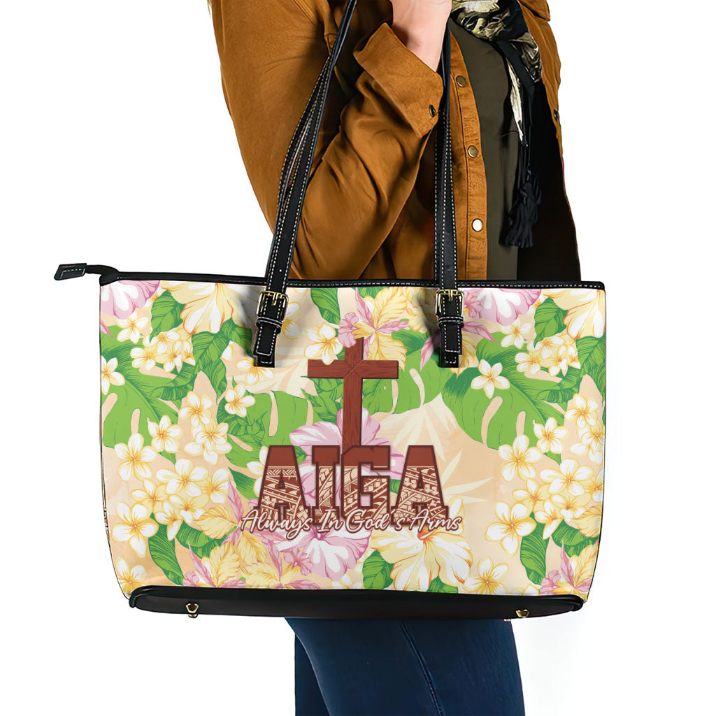 Samoa AIGA Floral Theme Leather Tote Bag Always In God's Arms LT7 - Polynesian Pride